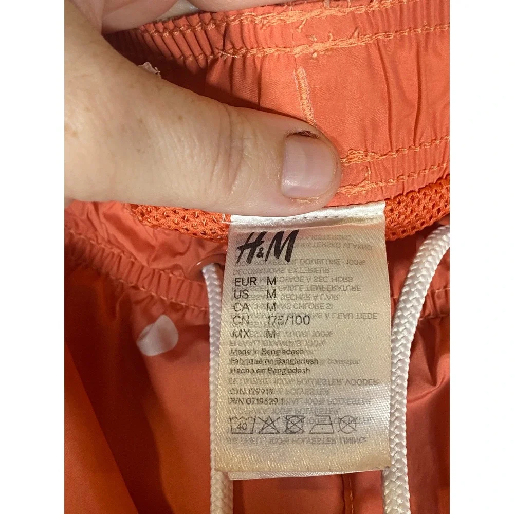 H&M‎ Men's Medium Coral White Polka Dot Lined Drawstring Swim Trunks